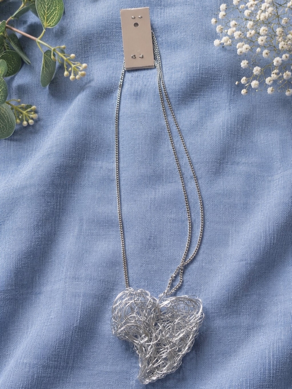 Silver Tone Wire Heart Pendant Necklace Abstract Artisan Statement